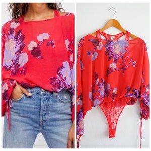 NWOT free people size xs red floral lace bodysuit